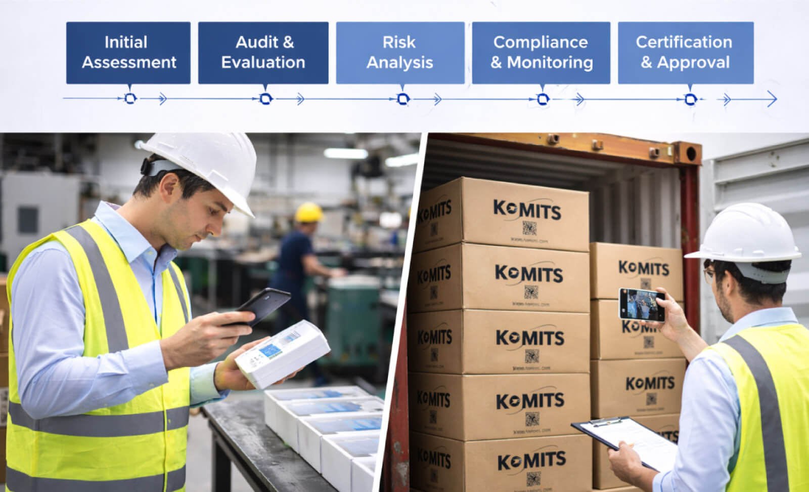 Factory inspector verifying product quality and packaging compliance during supplier audit